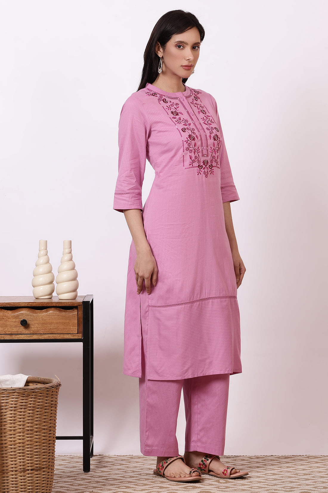Pink Embroidered Yoke Pure Cotton Straight Kurta and Pants Set