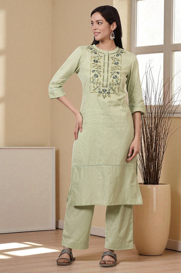 Green Embroidered Yoke Pure Cotton Straight Kurta and Pants Set