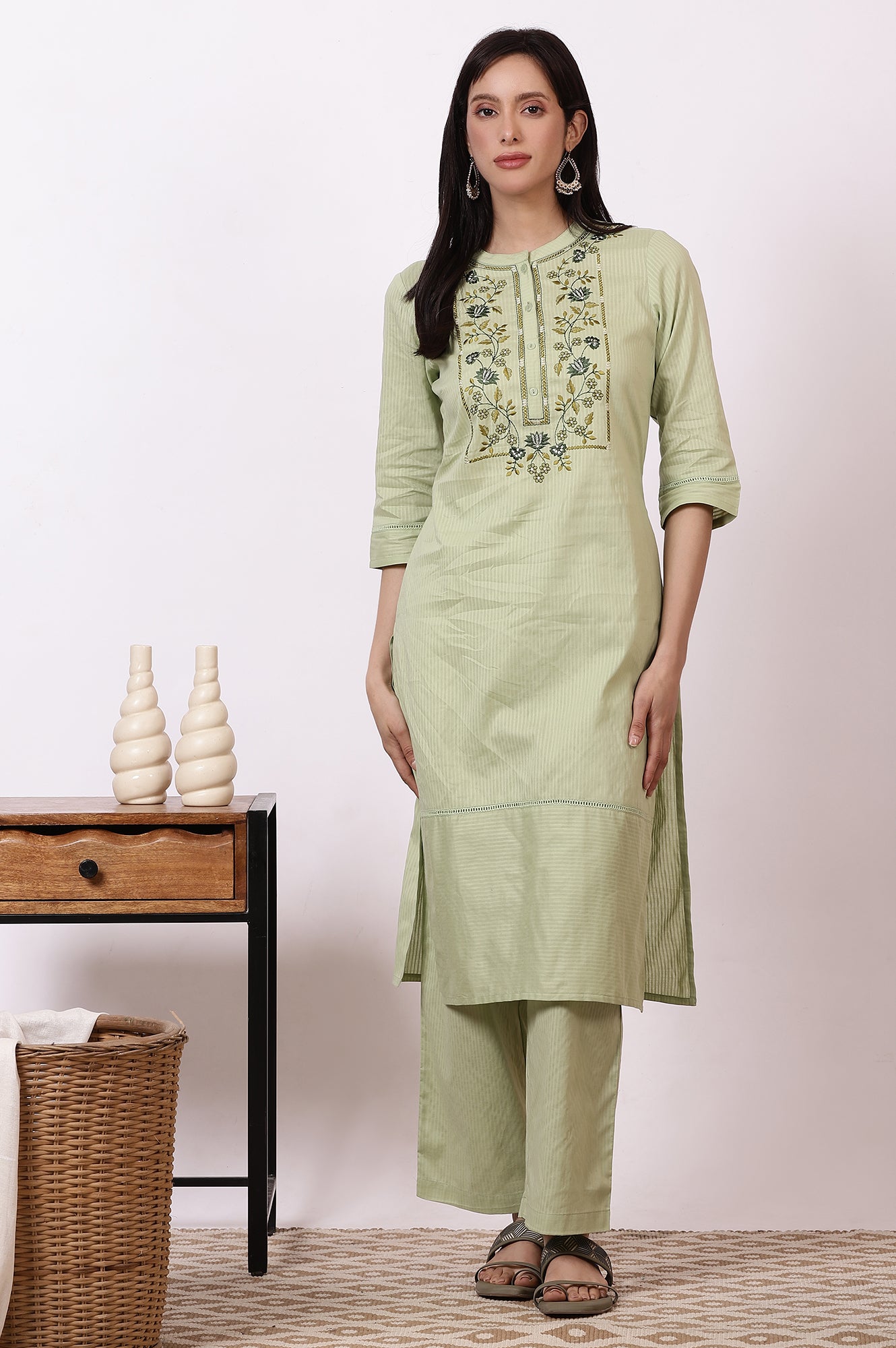 Green Embroidered Yoke Pure Cotton Straight Kurta and Pants Set