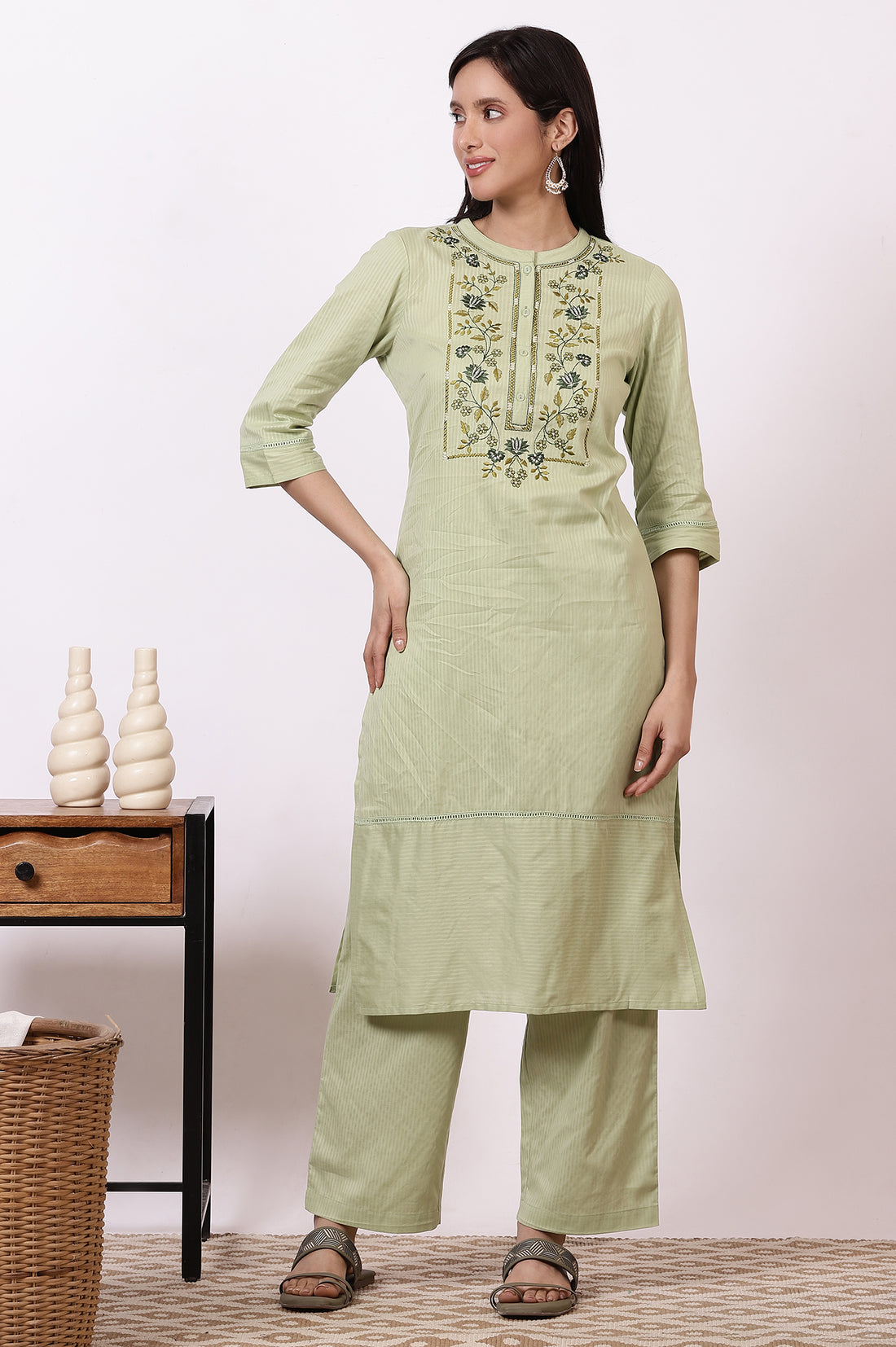 Green Embroidered Yoke Pure Cotton Straight Kurta and Pants Set