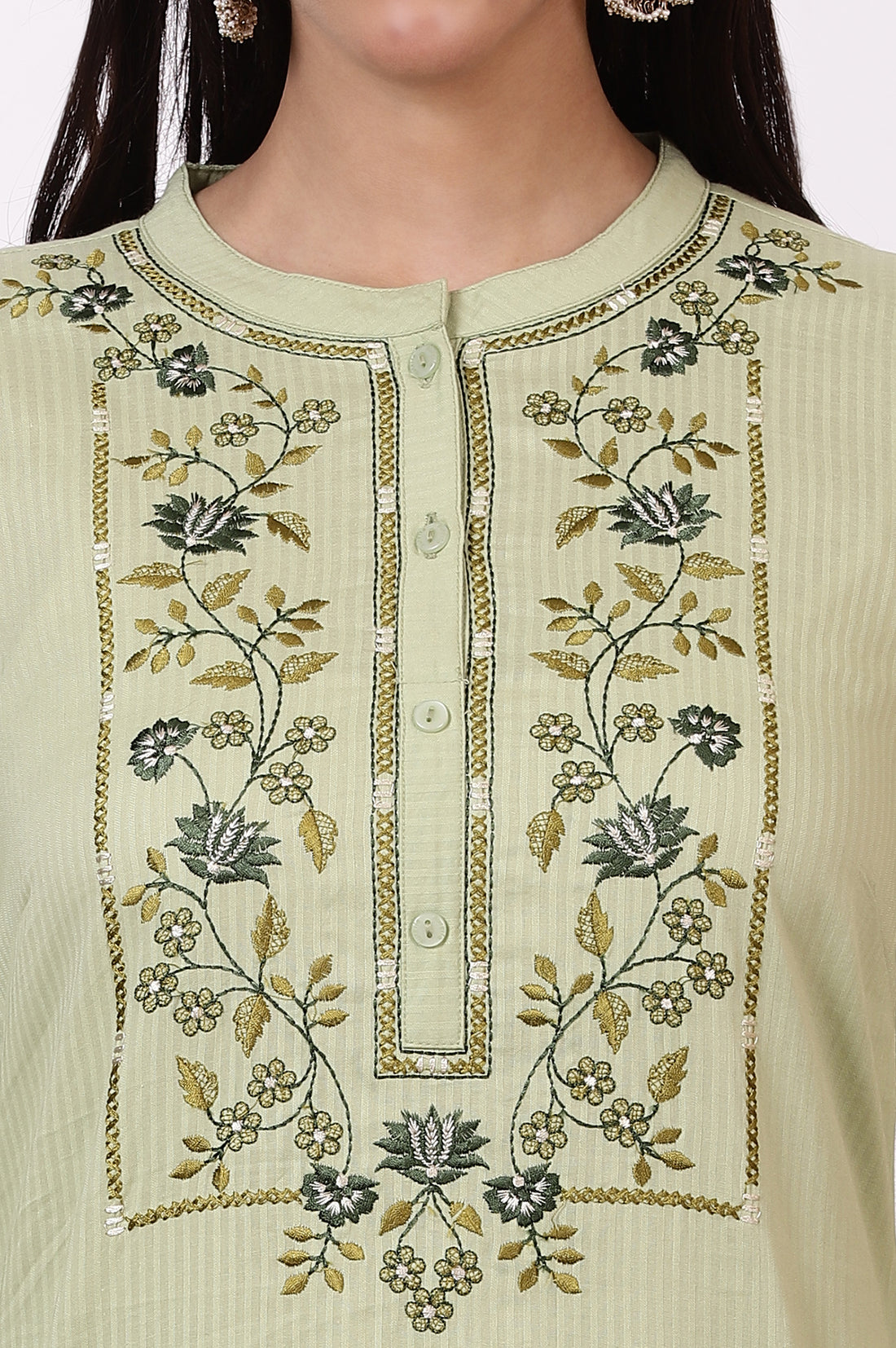 Green Embroidered Yoke Pure Cotton Straight Kurta and Pants Set