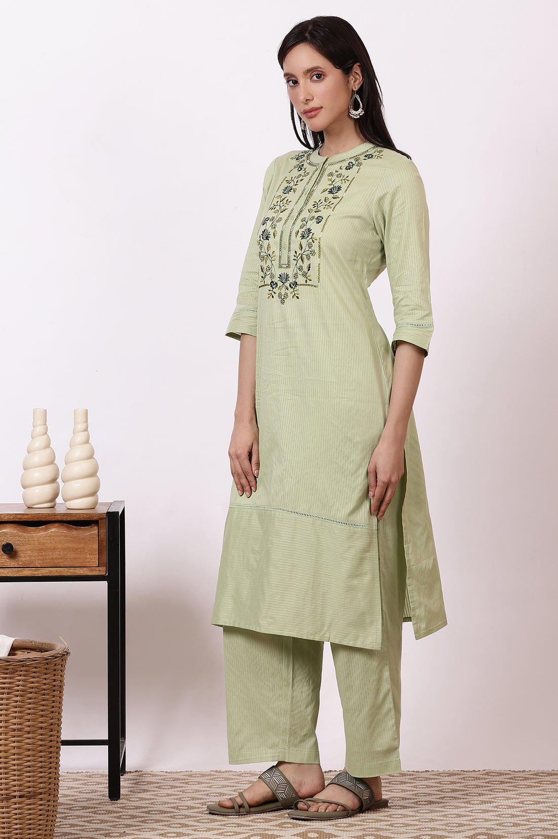 Green Embroidered Yoke Pure Cotton Straight Kurta and Pants Set