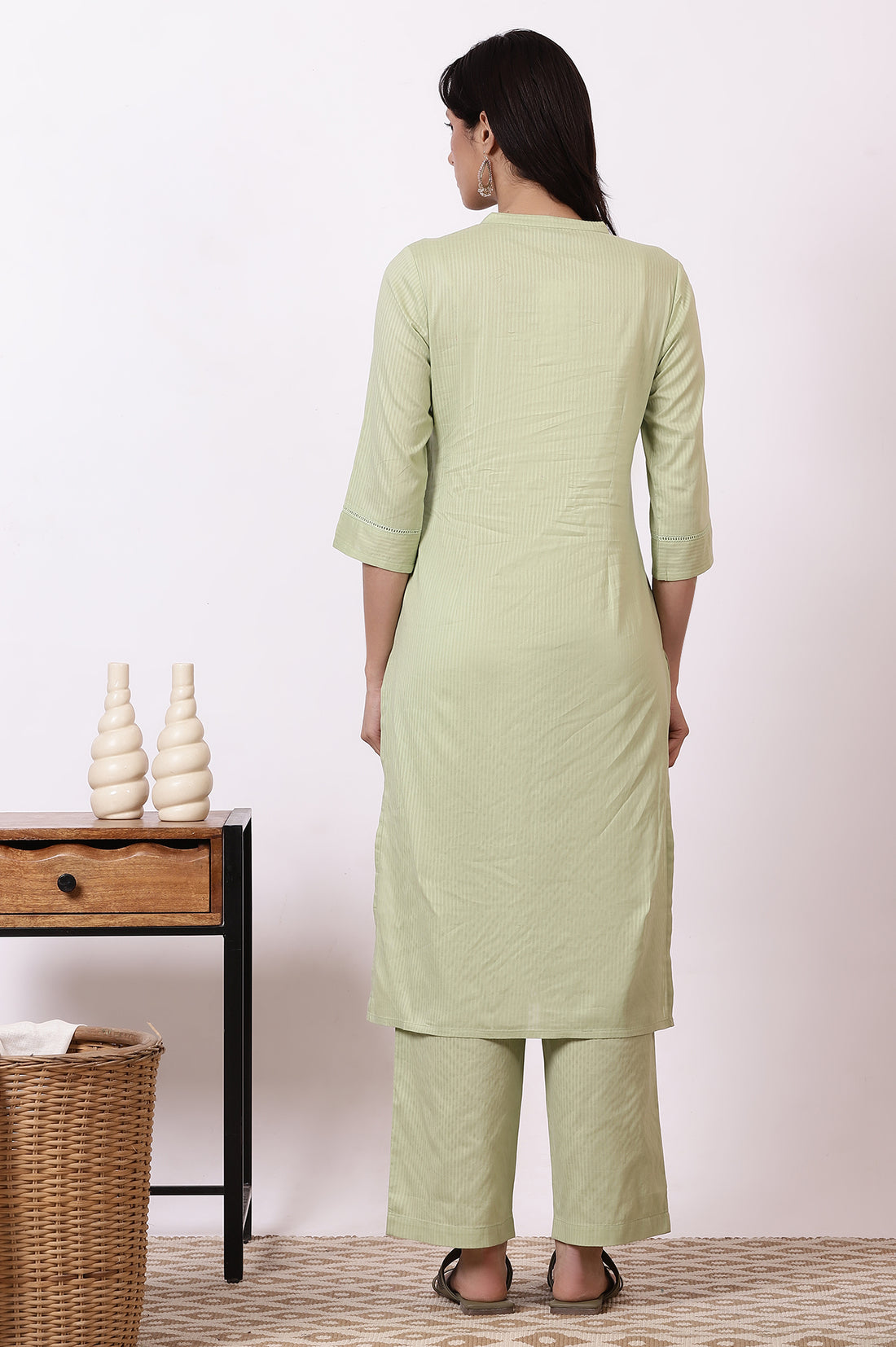 Green Embroidered Yoke Pure Cotton Straight Kurta and Pants Set