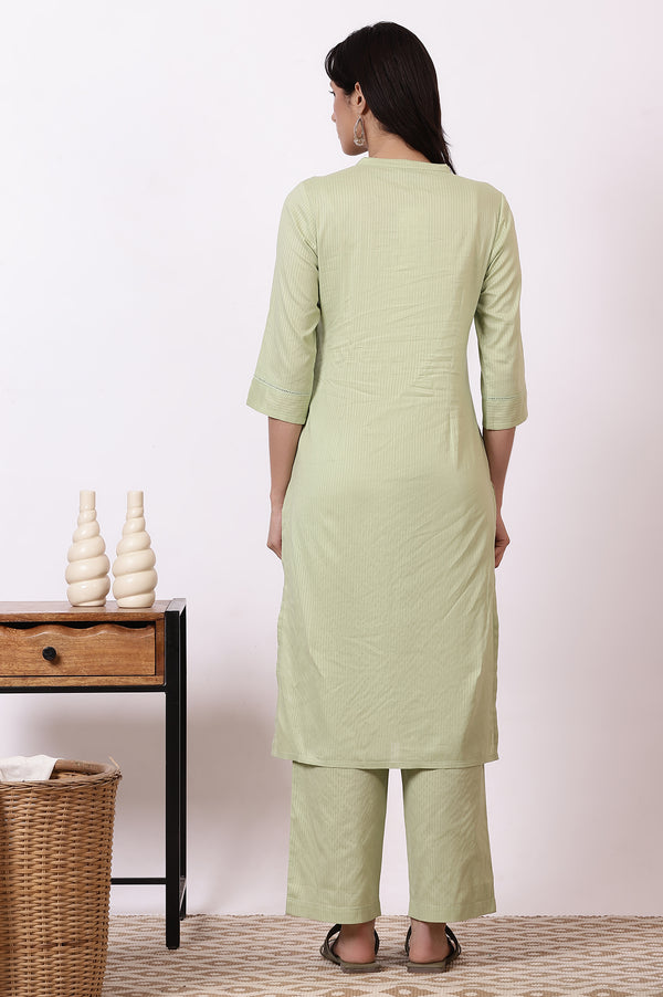 Green Embroidered Yoke Pure Cotton Straight Kurta and Pants Set