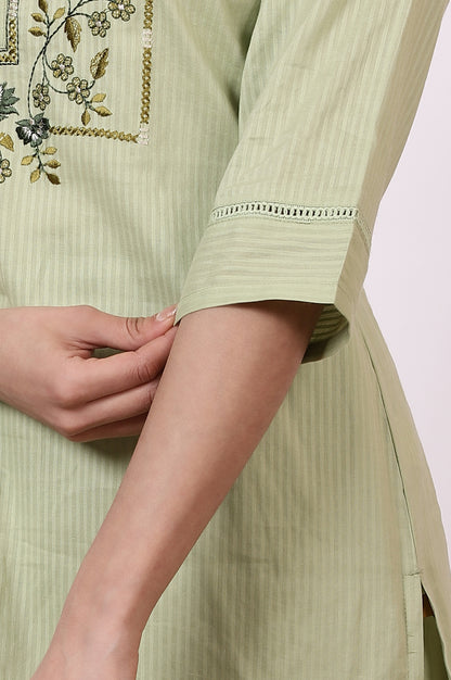 Green Embroidered Yoke Pure Cotton Straight Kurta and Pants Set