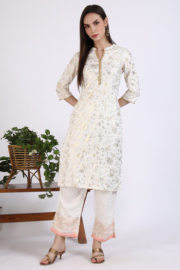 White Foil Floral Printed Rayon Straight Kurta and Trousers Co-ord Set