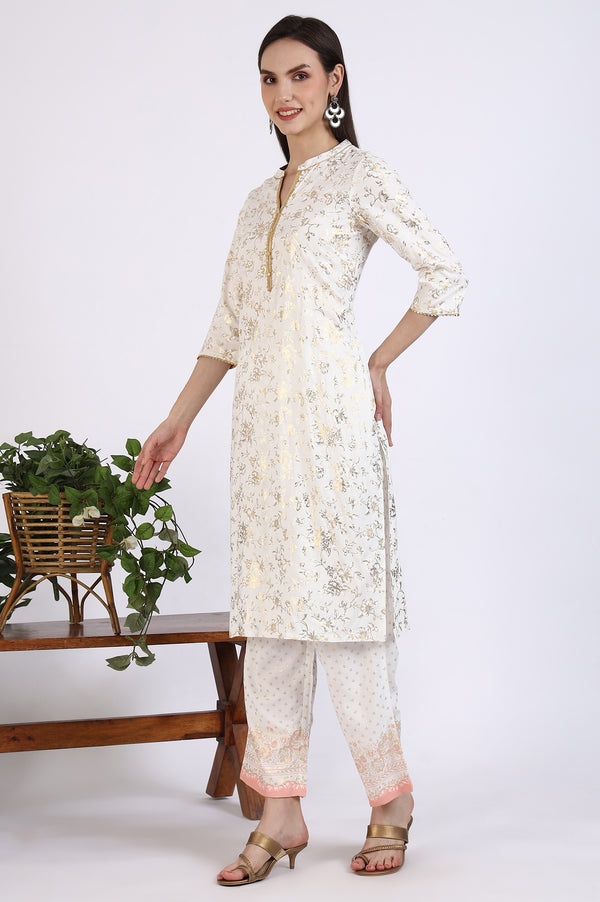 White Foil Floral Printed Rayon Straight Kurta and Trousers Co-ord Set