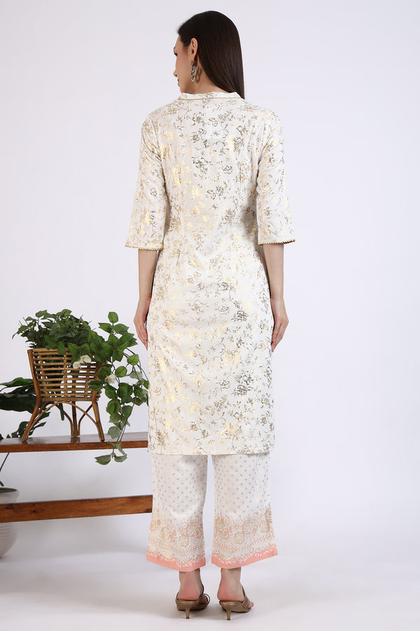 White Foil Floral Printed Rayon Straight Kurta and Trousers Co-ord Set
