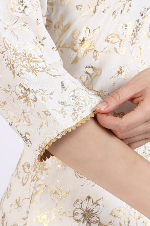 White Foil Floral Printed Rayon Straight Kurta and Trousers Co-ord Set