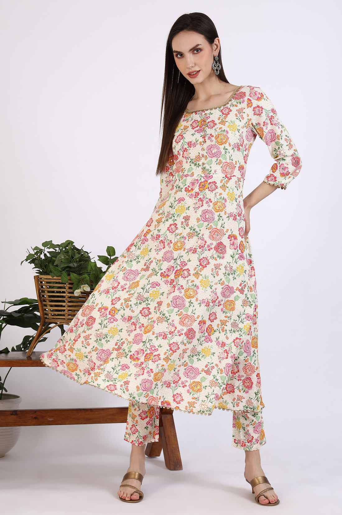 Off-White Floral Printed Embellished Flared Kurta and Trousers Co-ord Set