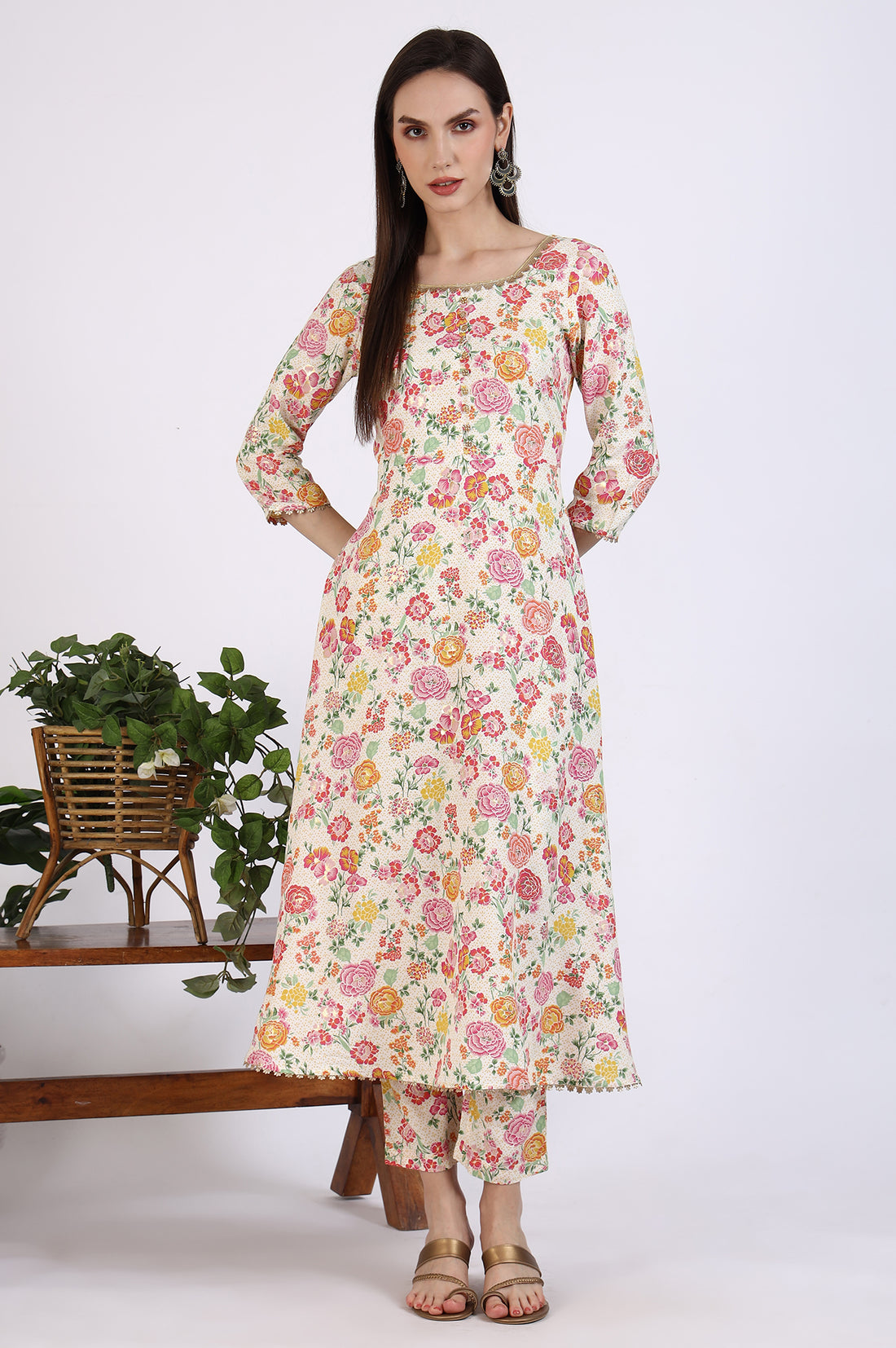 Off-White Floral Printed Embellished Flared Kurta and Trousers Co-ord Set