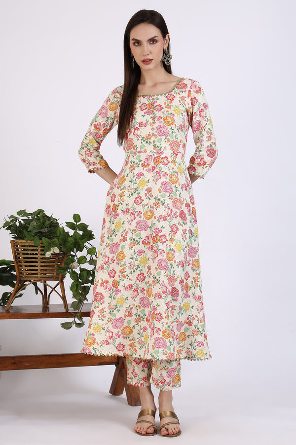 Off-White Floral Printed Embellished Flared Kurta and Trousers Co-ord Set