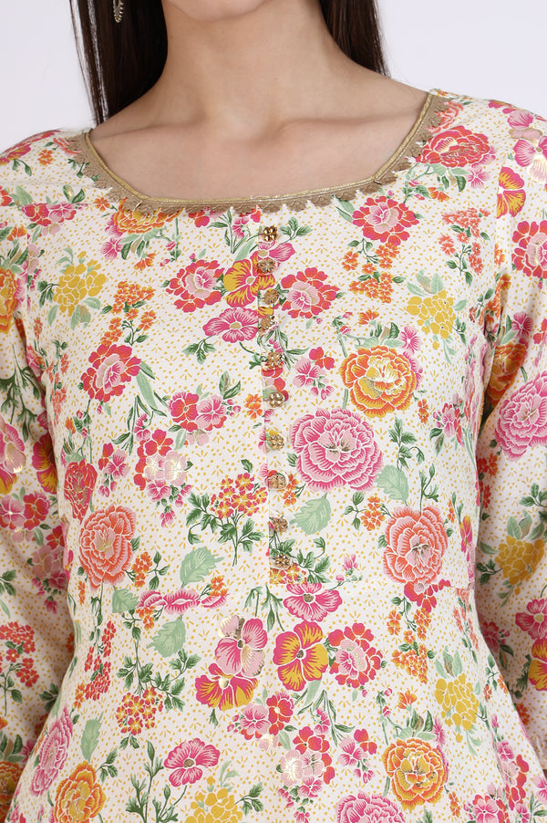 Off-White Floral Printed Embellished Flared Kurta and Trousers Co-ord Set