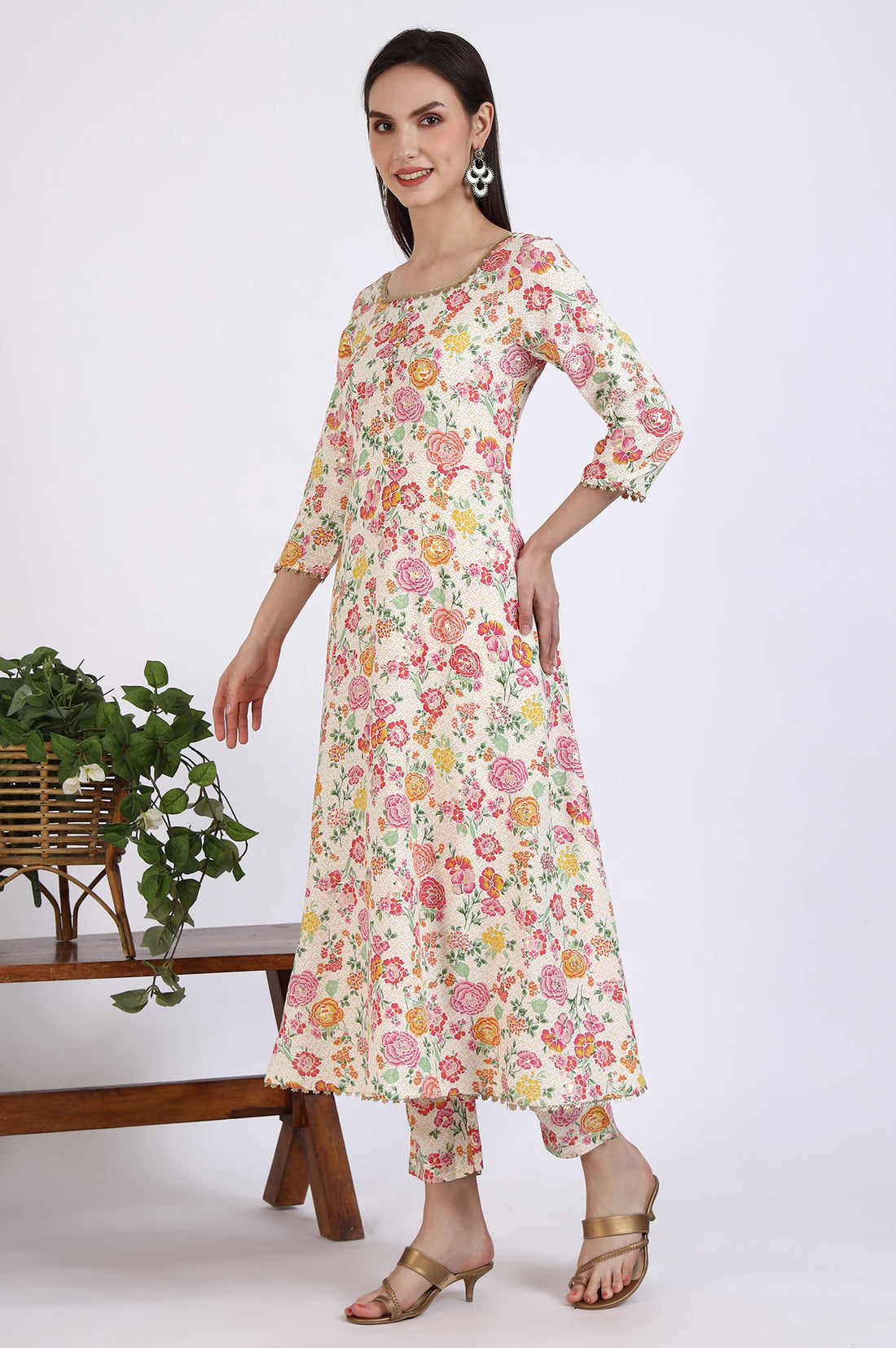 Off-White Floral Printed Embellished Flared Kurta and Trousers Co-ord Set