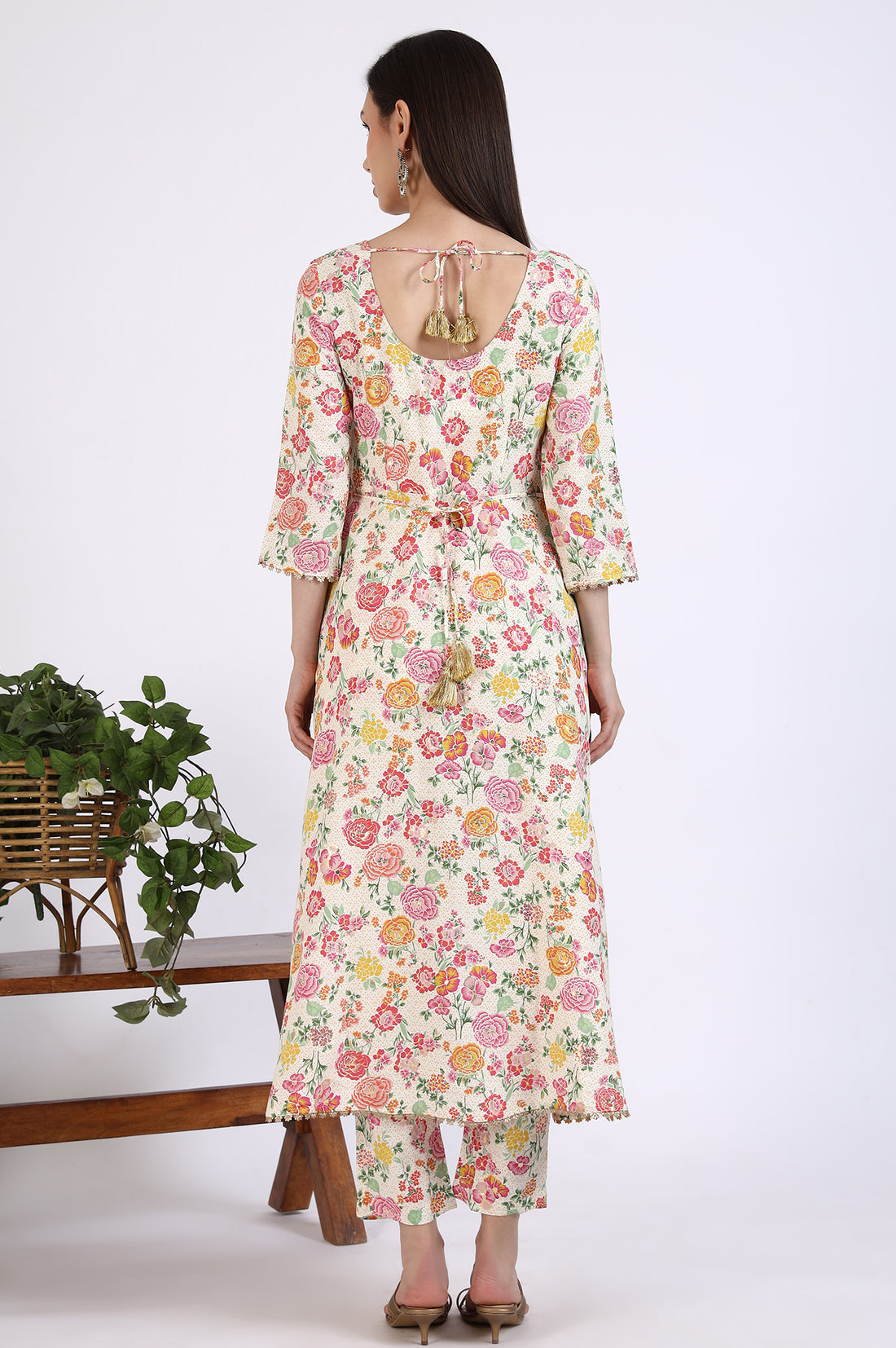 Off-White Floral Printed Embellished Flared Kurta and Trousers Co-ord Set