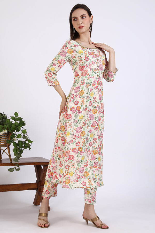 Off-White Floral Printed Embellished Flared Kurta and Trousers Co-ord Set