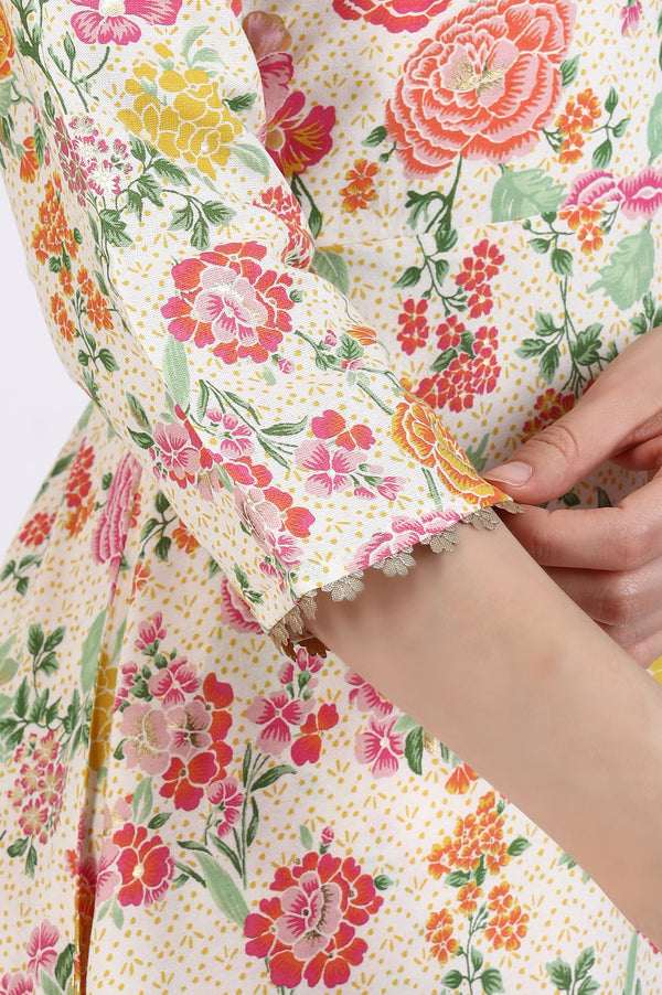 Off-White Floral Printed Embellished Flared Kurta and Trousers Co-ord Set