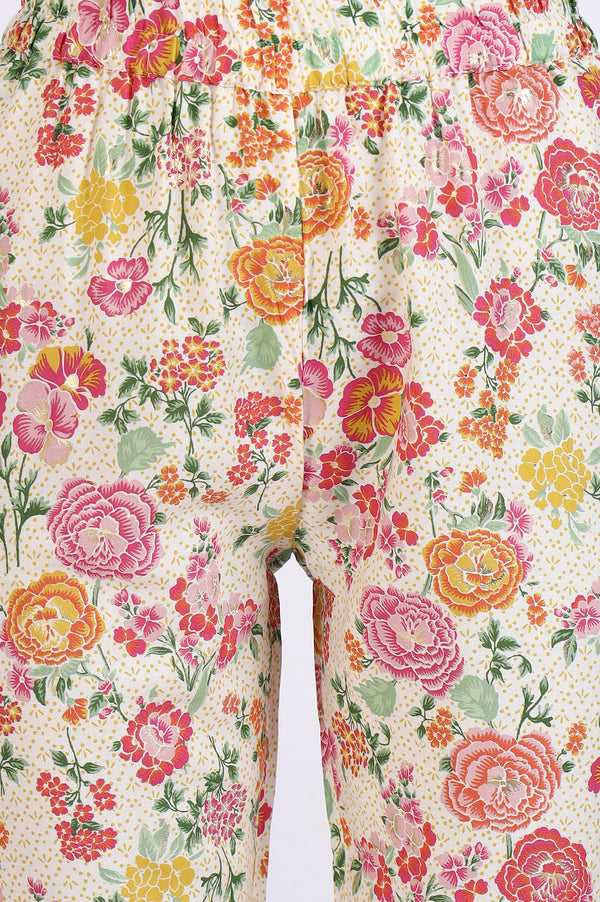 Off-White Floral Printed Embellished Flared Kurta and Trousers Co-ord Set
