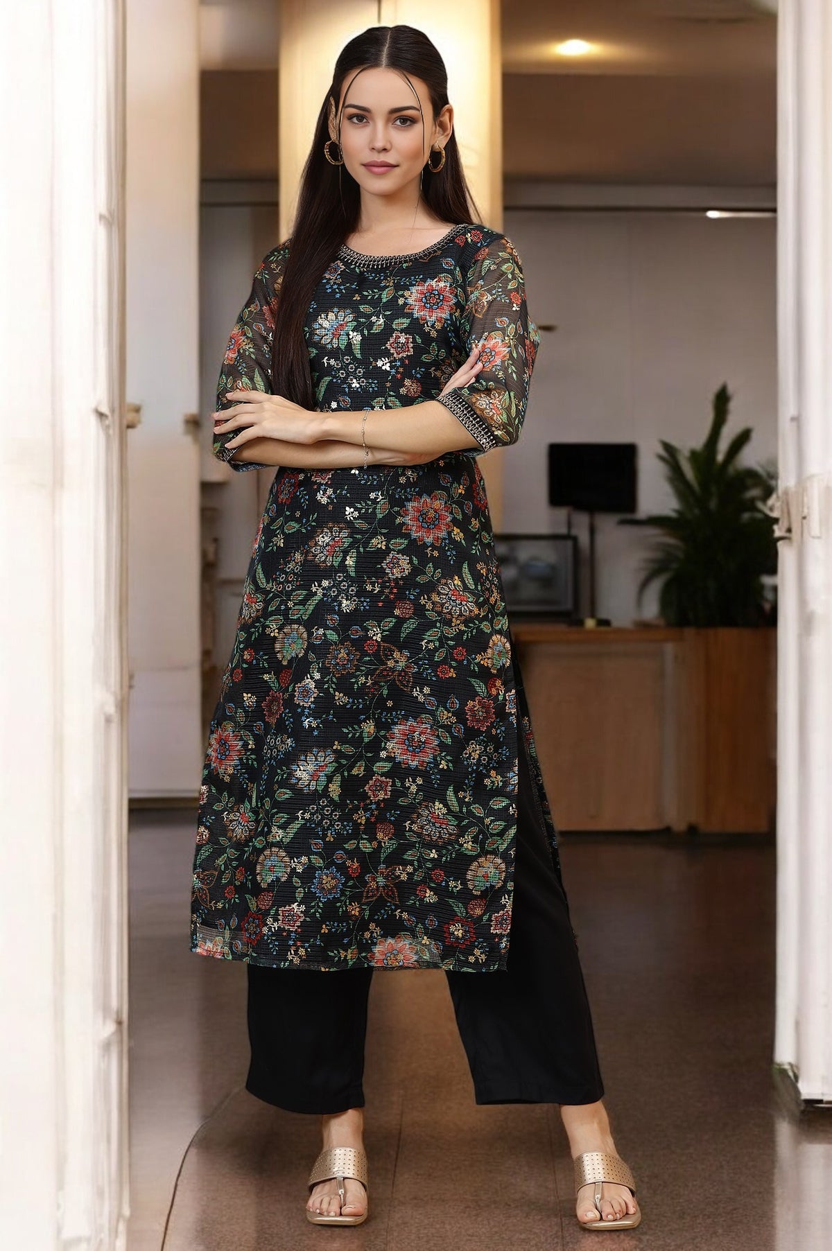 Black Floral Printed Straight Kota Kurta with Embroidered Neckline - S