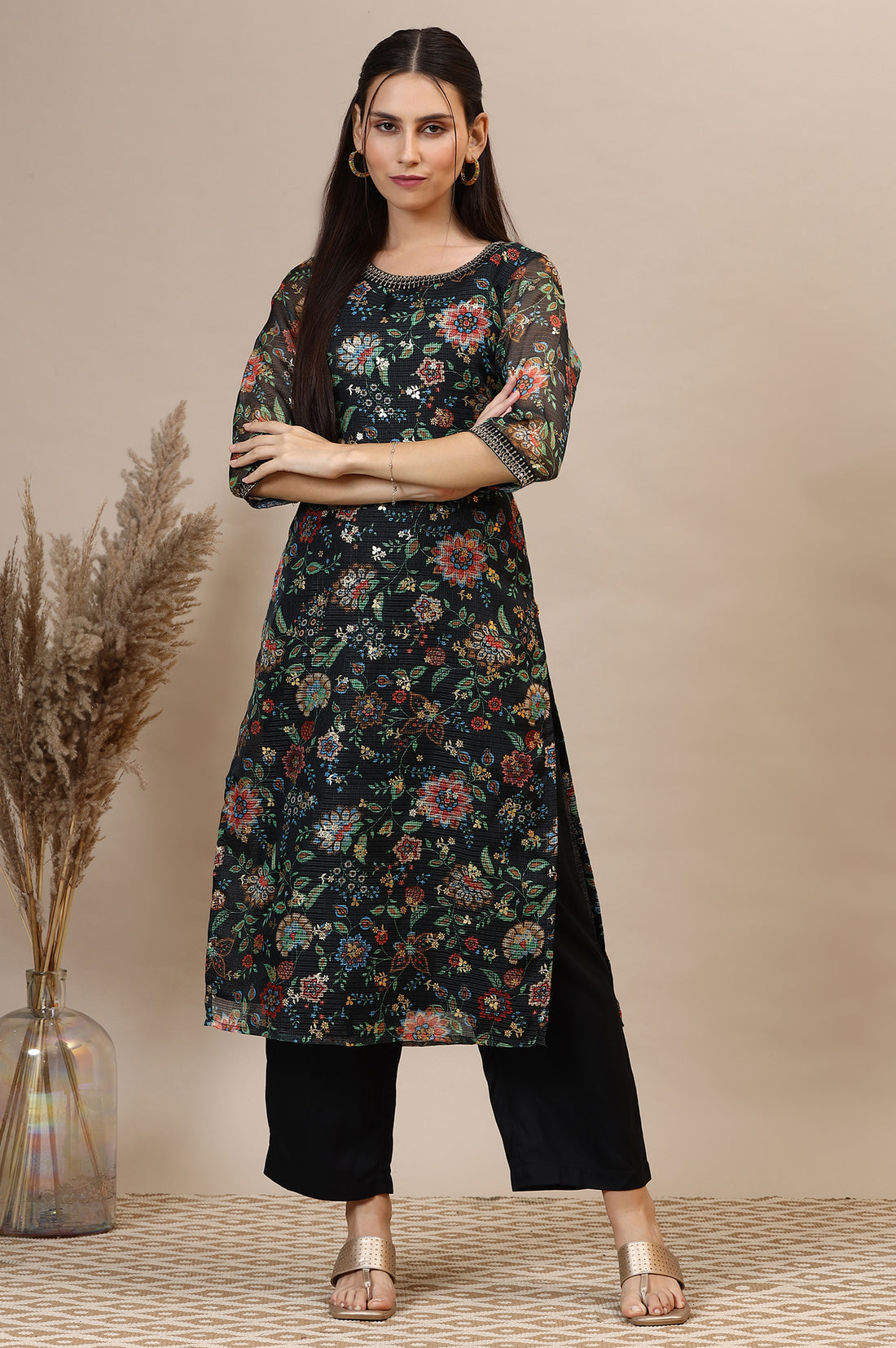 Black Floral Printed Straight Kota Kurta with Embroidered Neckline