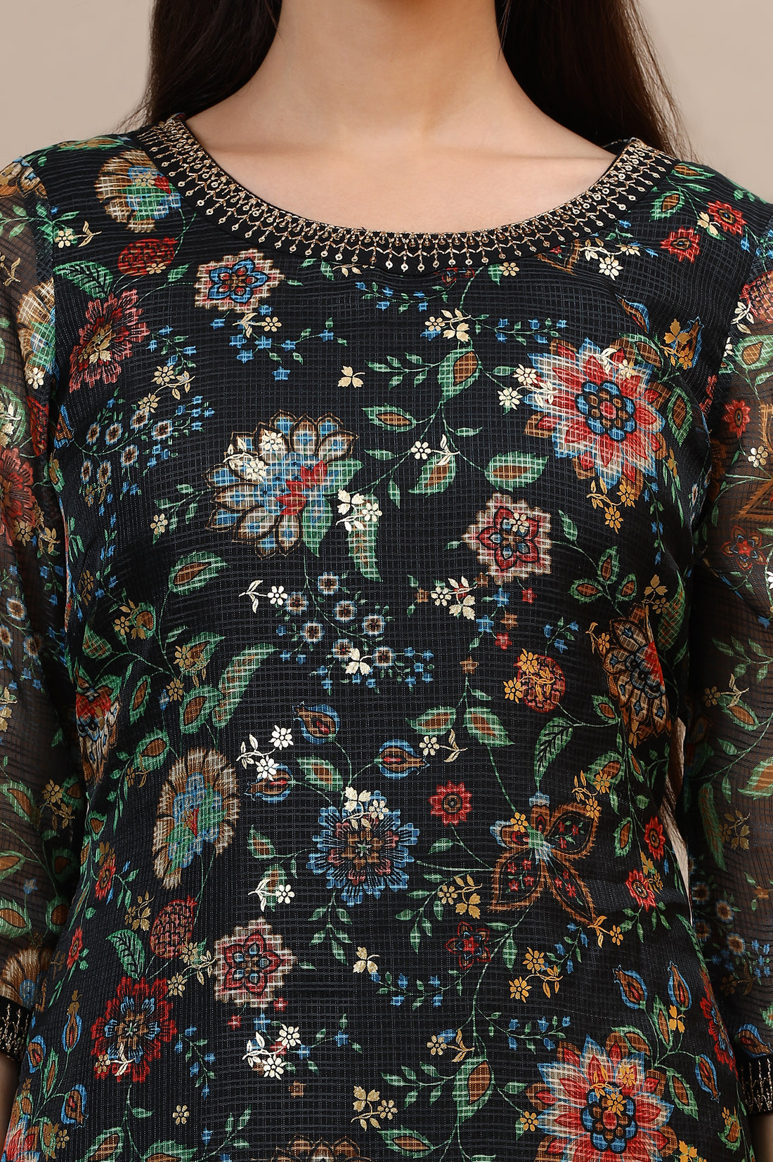 Black Floral Printed Straight Kota Kurta with Embroidered Neckline