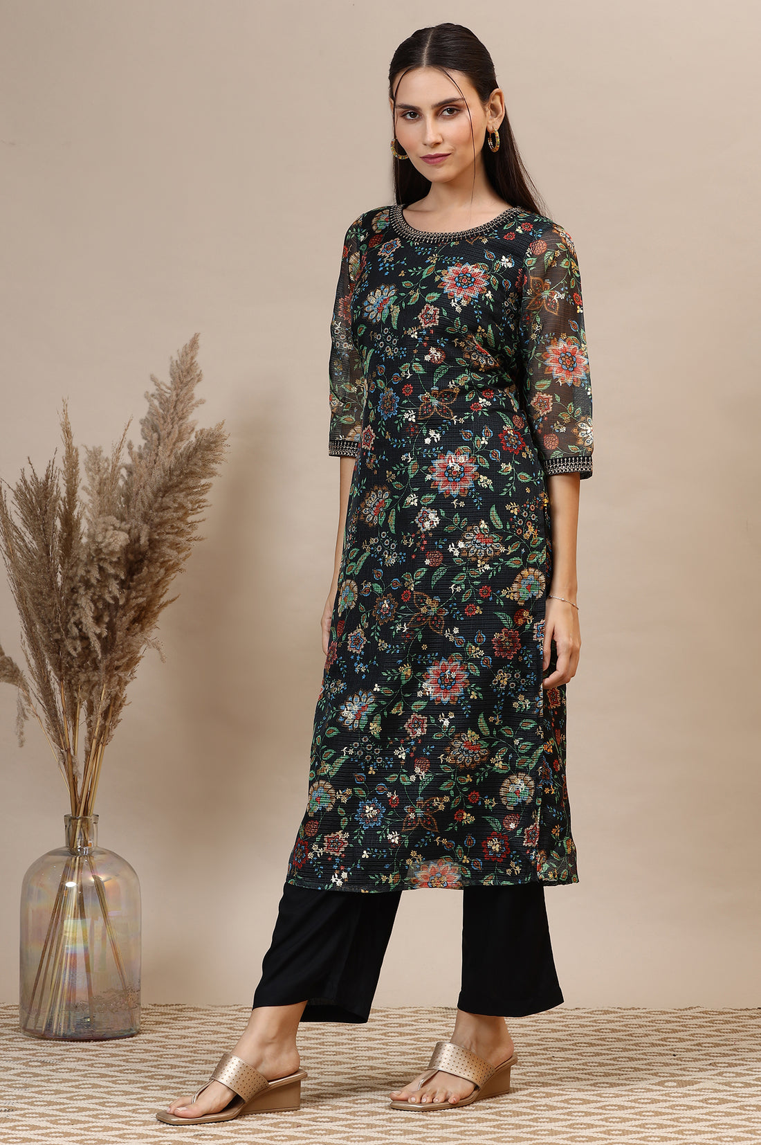 Black Floral Printed Straight Kota Kurta with Embroidered Neckline