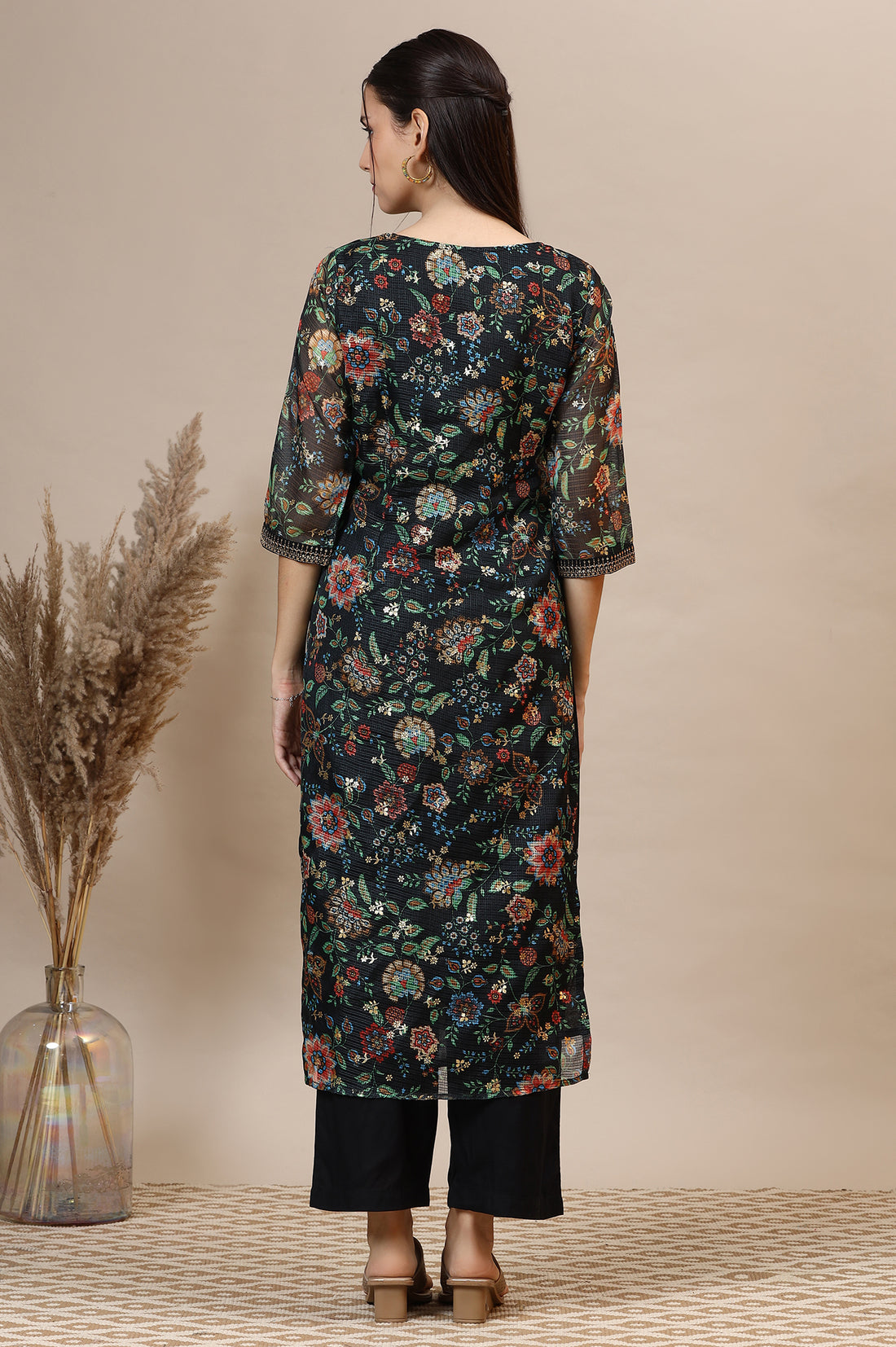 Black Floral Printed Straight Kota Kurta with Embroidered Neckline