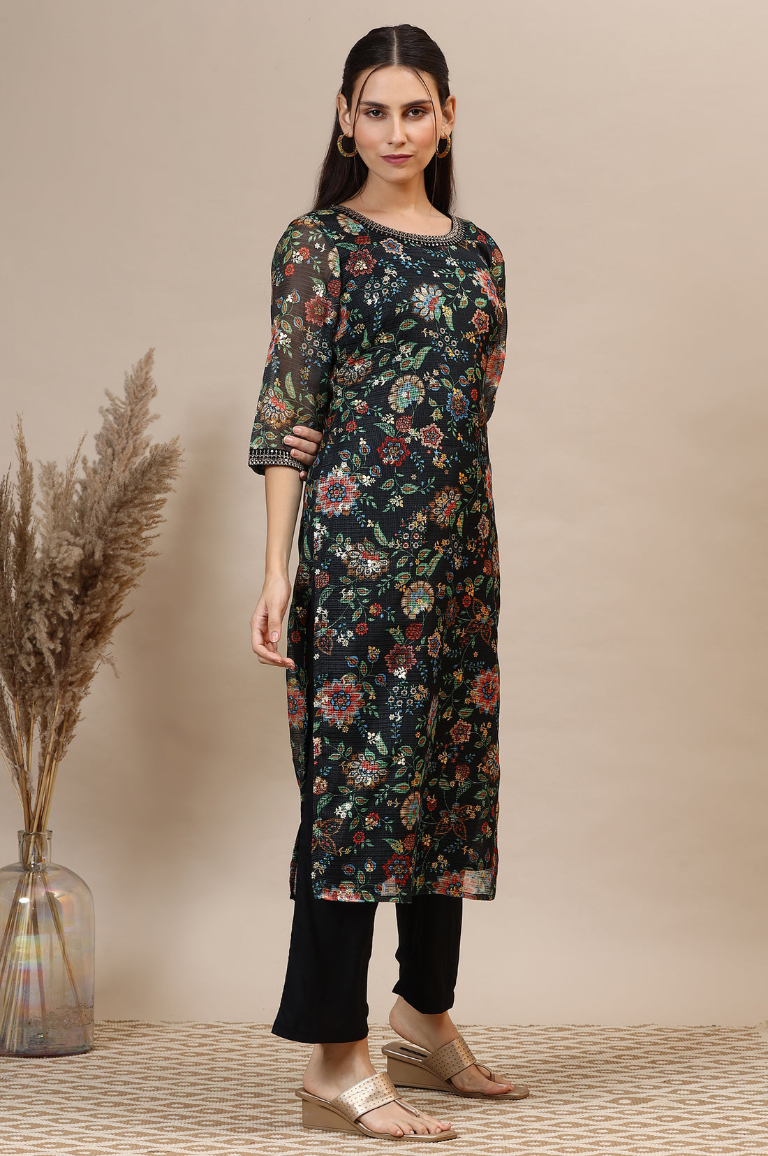 Black Floral Printed Straight Kota Kurta with Embroidered Neckline