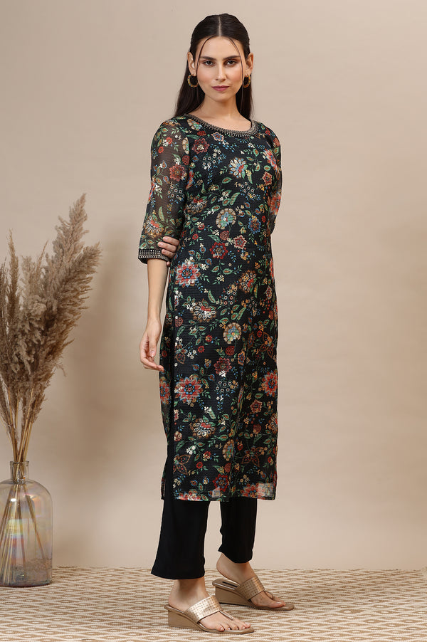 Black Floral Printed Straight Kota Kurta with Embroidered Neckline