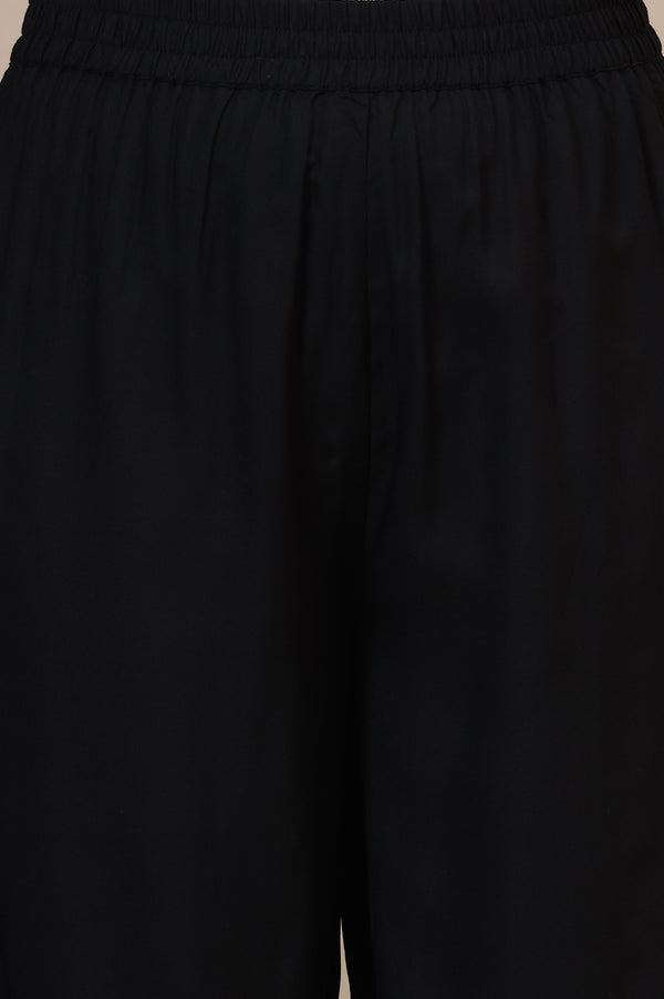 Black Floral Printed Straight Kota Kurta with Embroidered Neckline