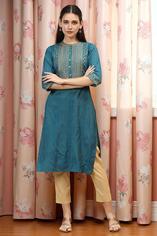 Teal Blue Lurex Striped Embroidered Straight Kurta