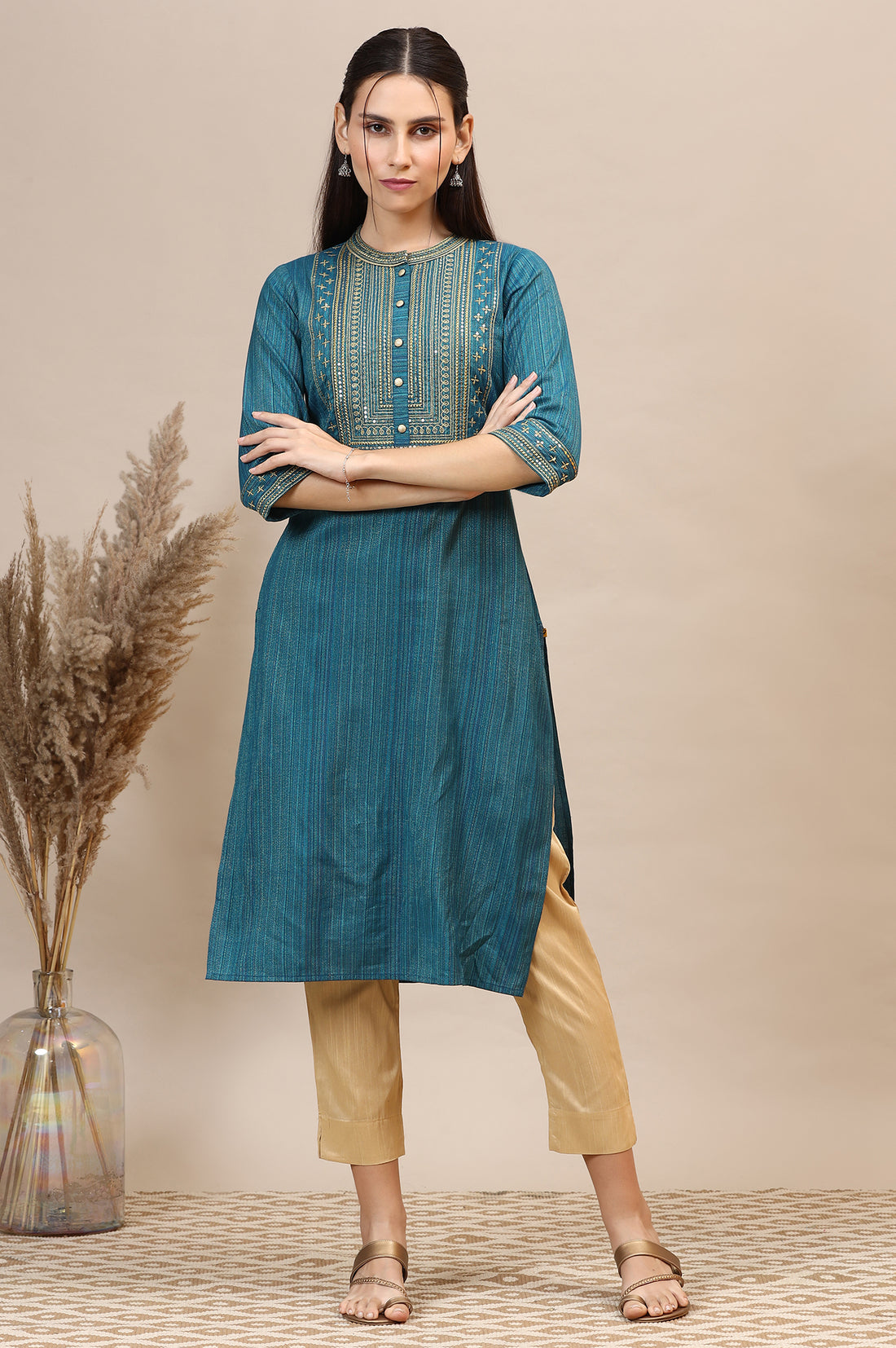 Teal Blue Lurex Striped Embroidered Straight Kurta