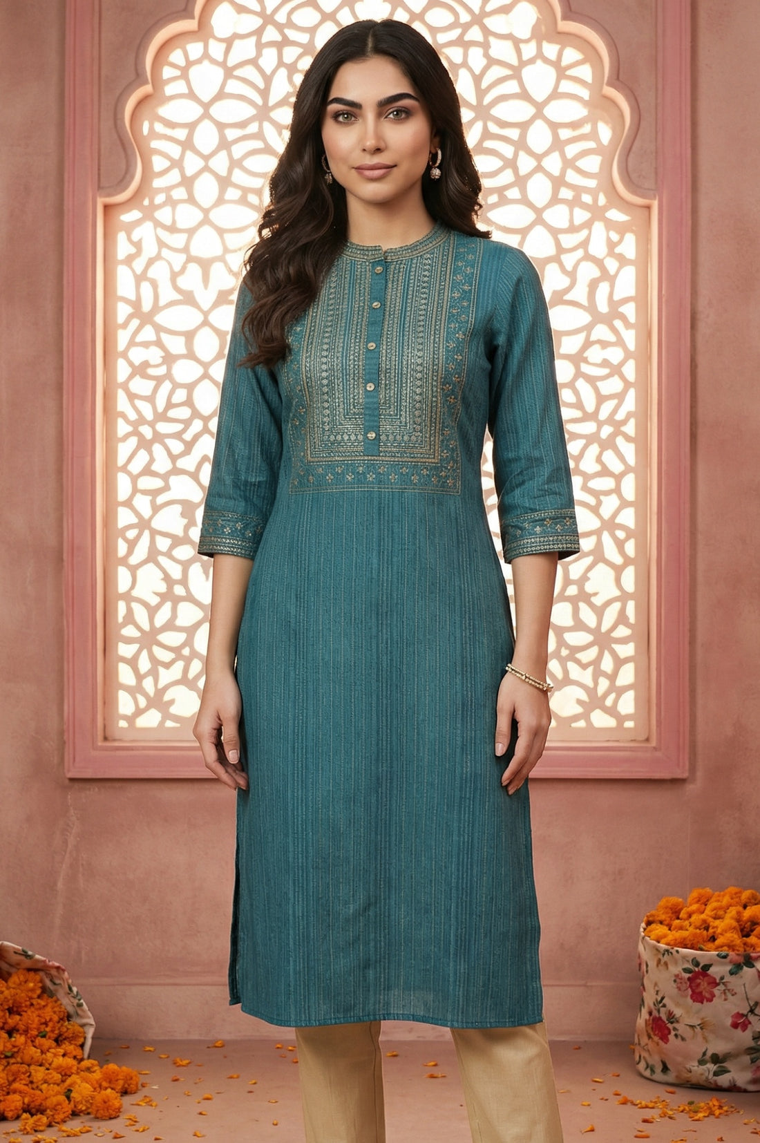 Teal Blue Lurex Striped Embroidered Straight Kurta