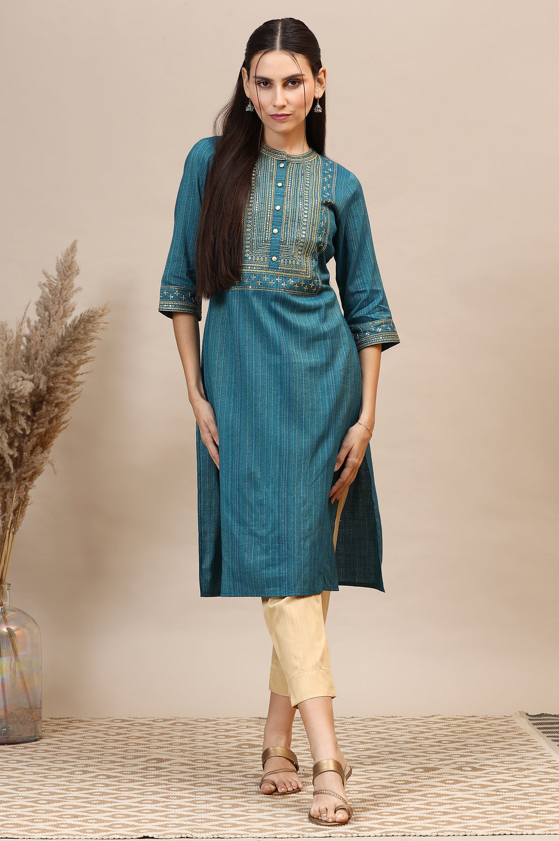 Teal Blue Lurex Striped Embroidered Straight Kurta