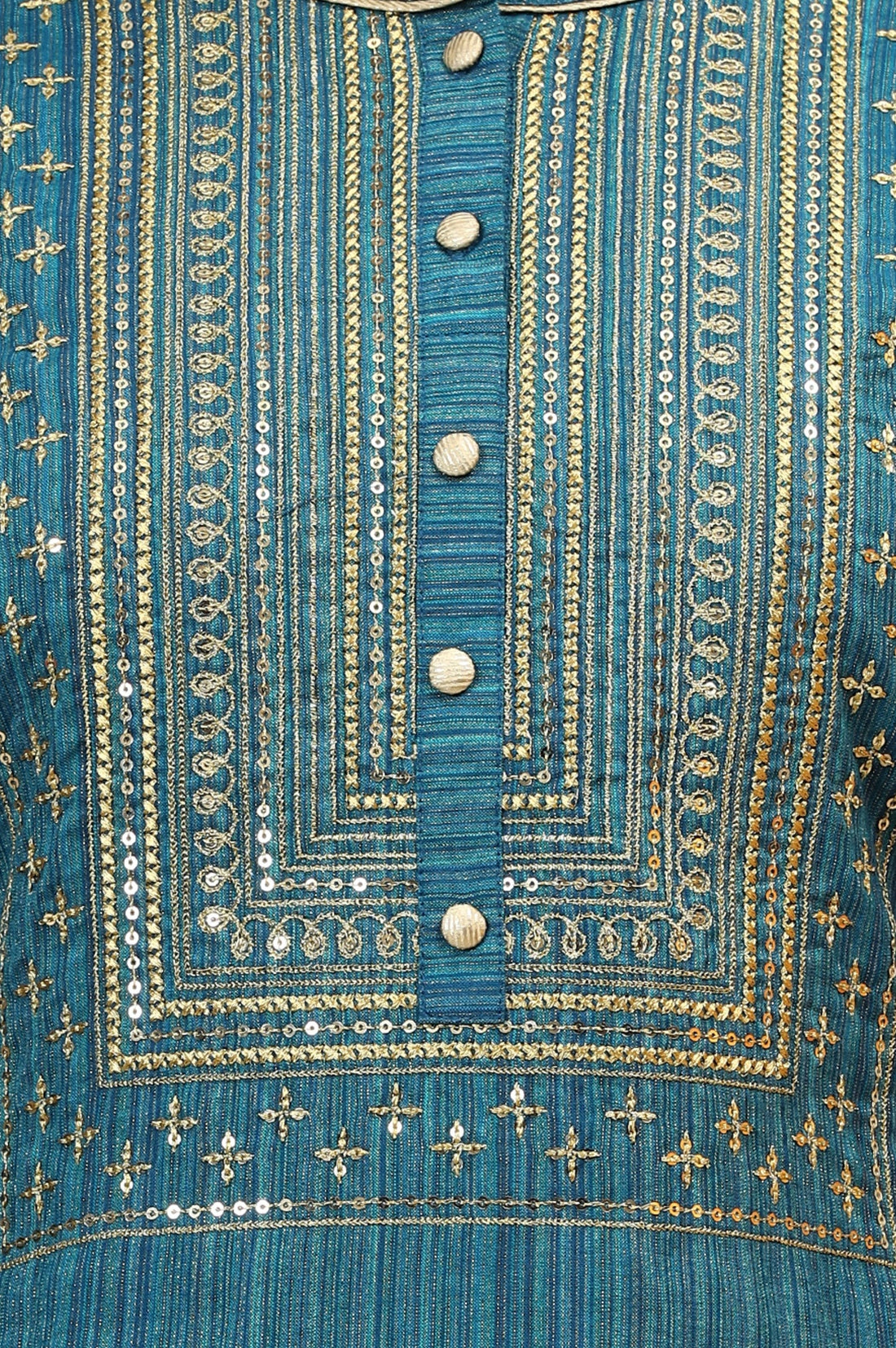 Teal Blue Lurex Striped Embroidered Straight Kurta