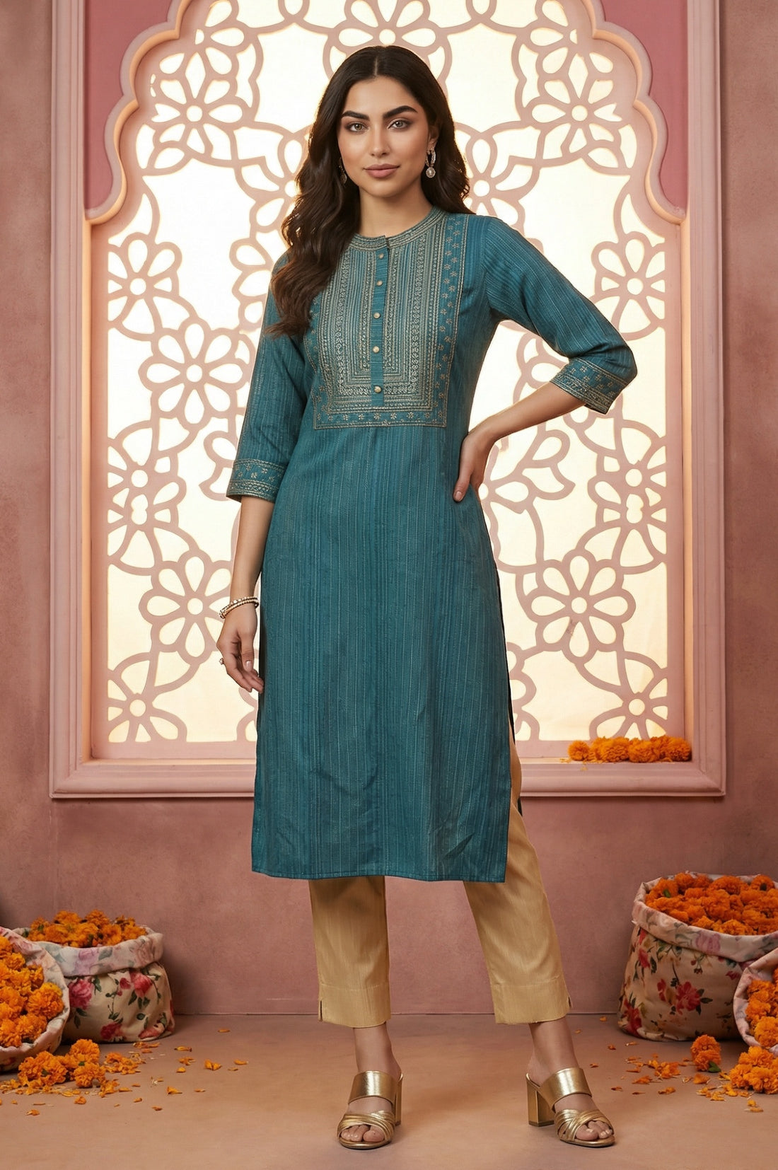 Teal Blue Lurex Striped Embroidered Straight Kurta