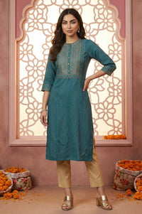 Teal Blue Lurex Striped Embroidered Straight Kurta