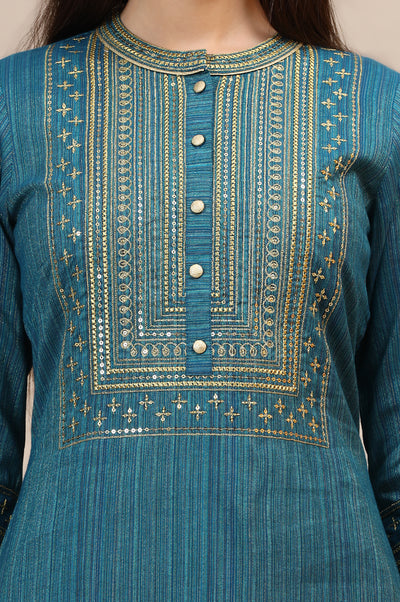 Teal Blue Lurex Striped Embroidered Straight Kurta