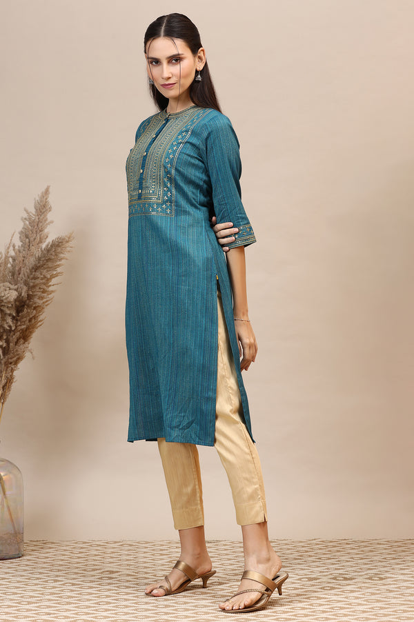Teal Blue Lurex Striped Embroidered Straight Kurta