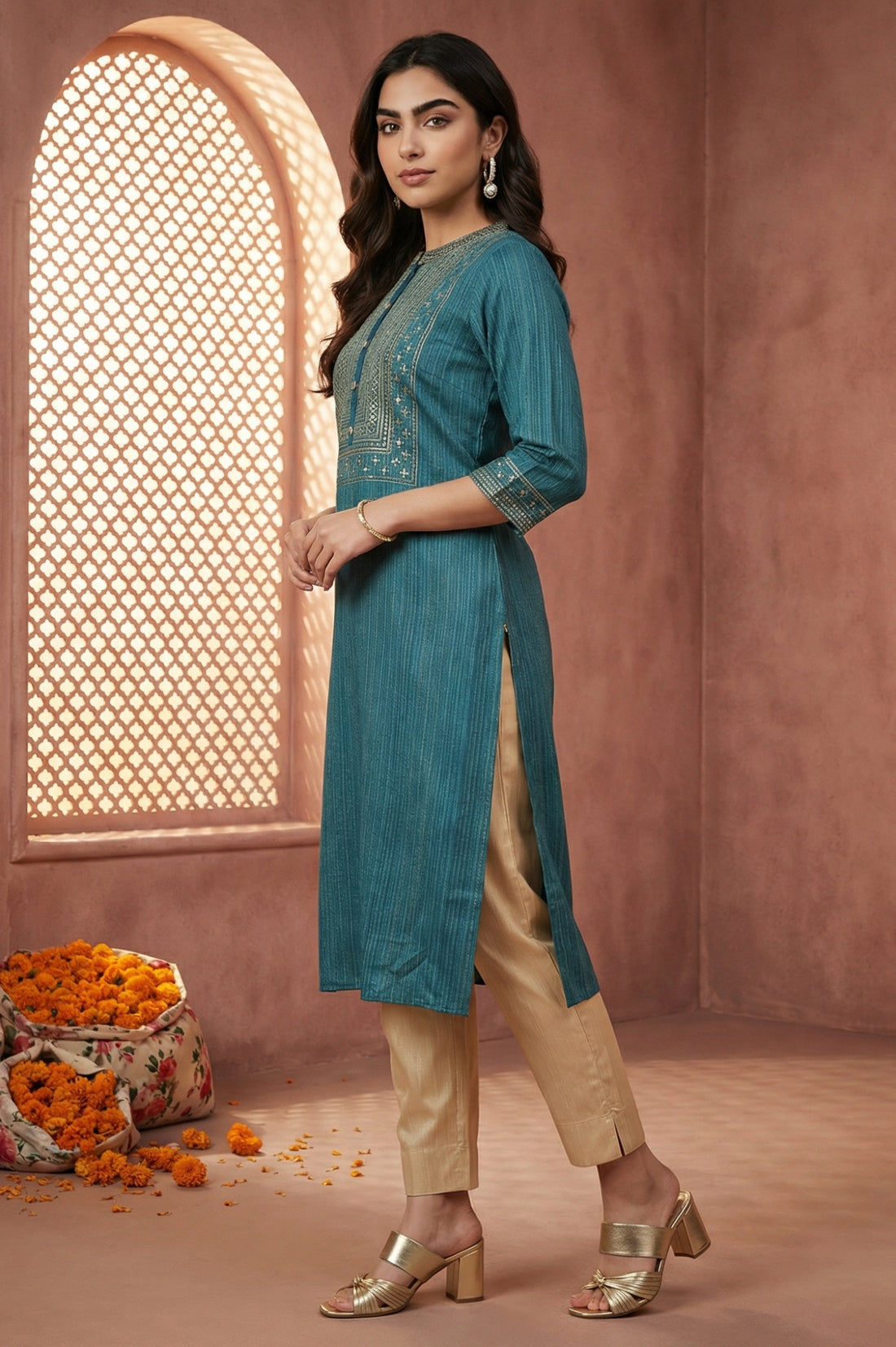 Teal Blue Lurex Striped Embroidered Straight Kurta
