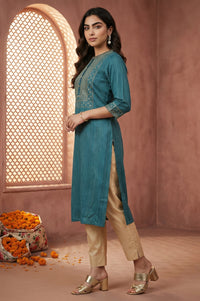 Teal Blue Lurex Striped Embroidered Straight Kurta