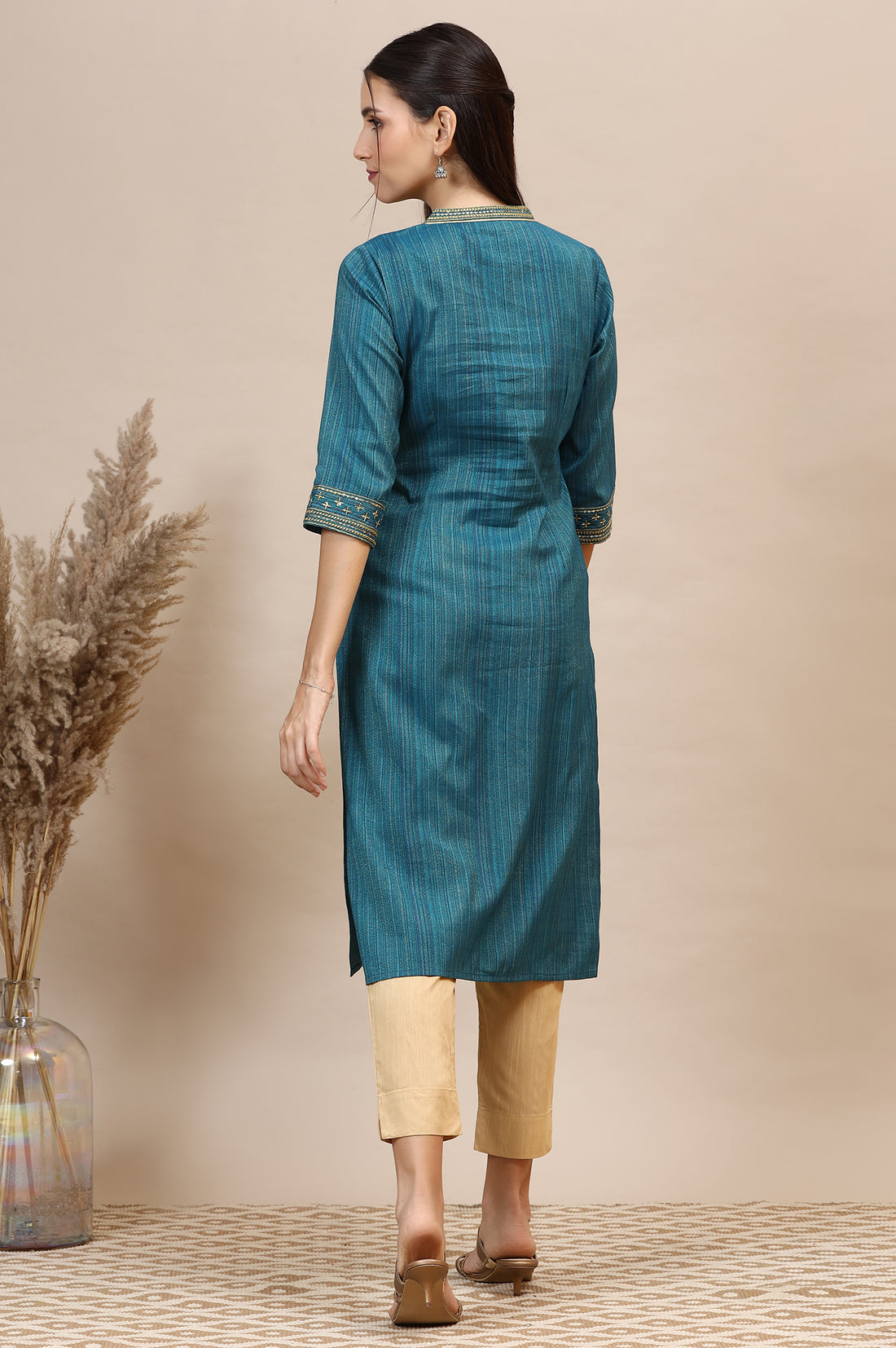 Teal Blue Lurex Striped Embroidered Straight Kurta