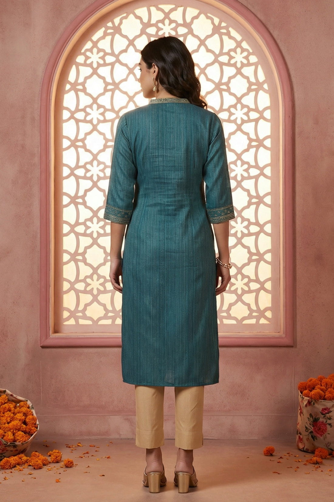 Teal Blue Lurex Striped Embroidered Straight Kurta