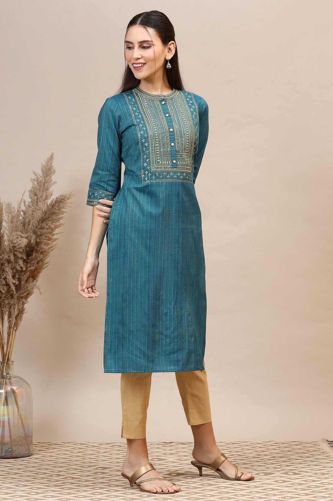 Teal Blue Lurex Striped Embroidered Straight Kurta