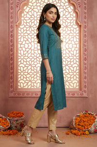 Teal Blue Lurex Striped Embroidered Straight Kurta