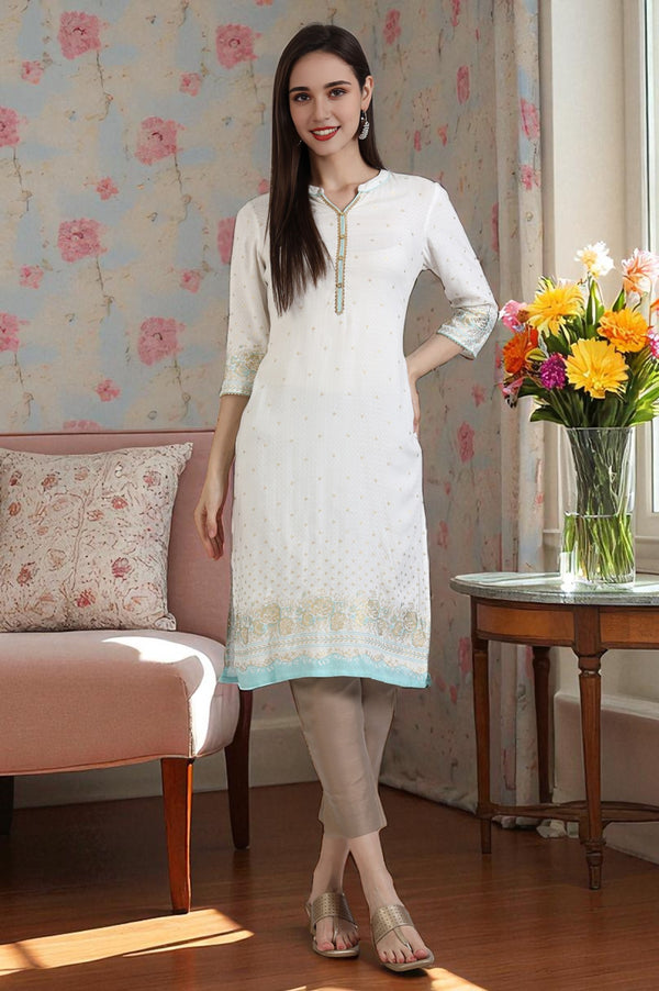White Foil Printed Rayon Straight Kurta with Lace