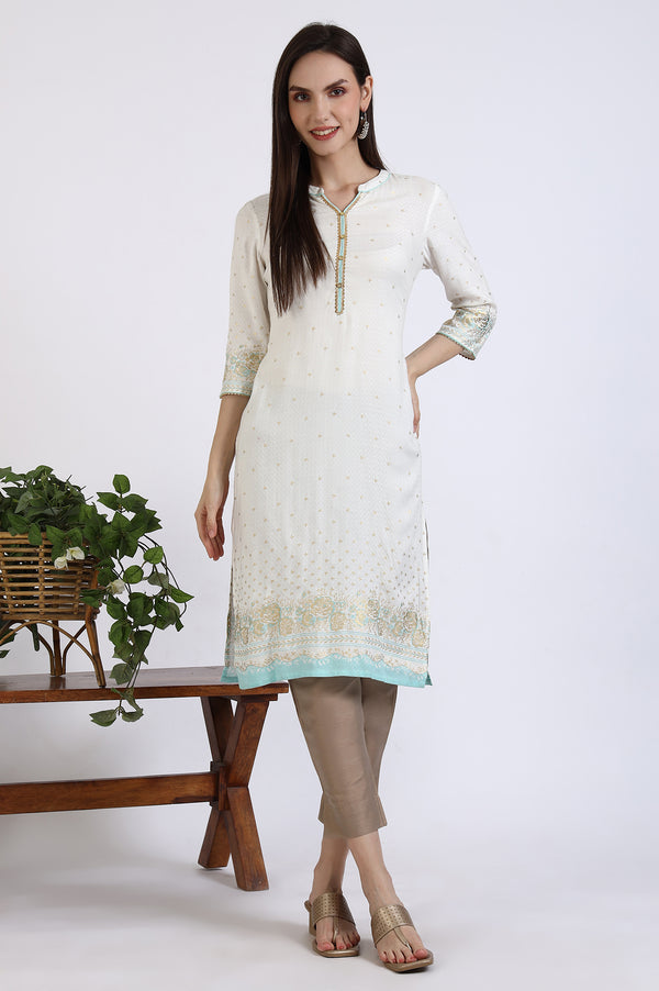 White Foil Printed Rayon Straight Kurta with Lace