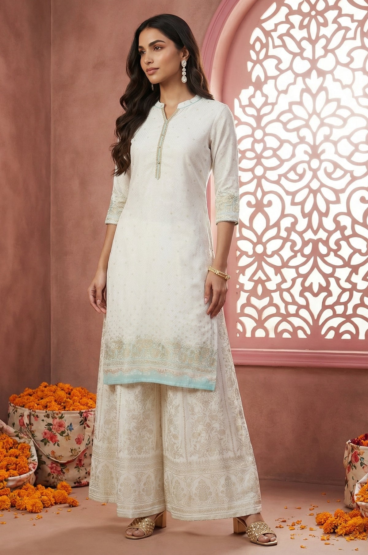 White Foil Printed Rayon Straight Kurta with Lace - XS