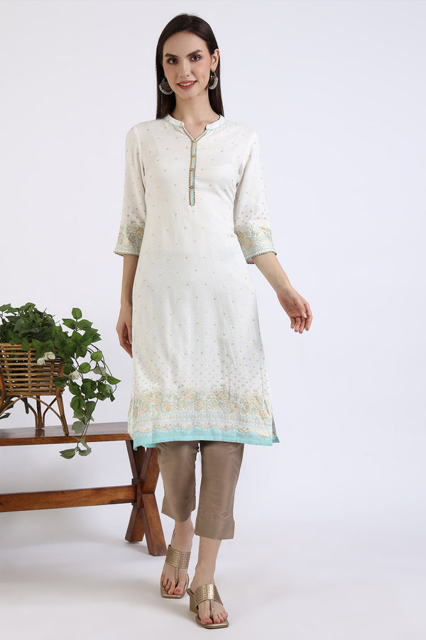 White Foil Printed Rayon Straight Kurta with Lace