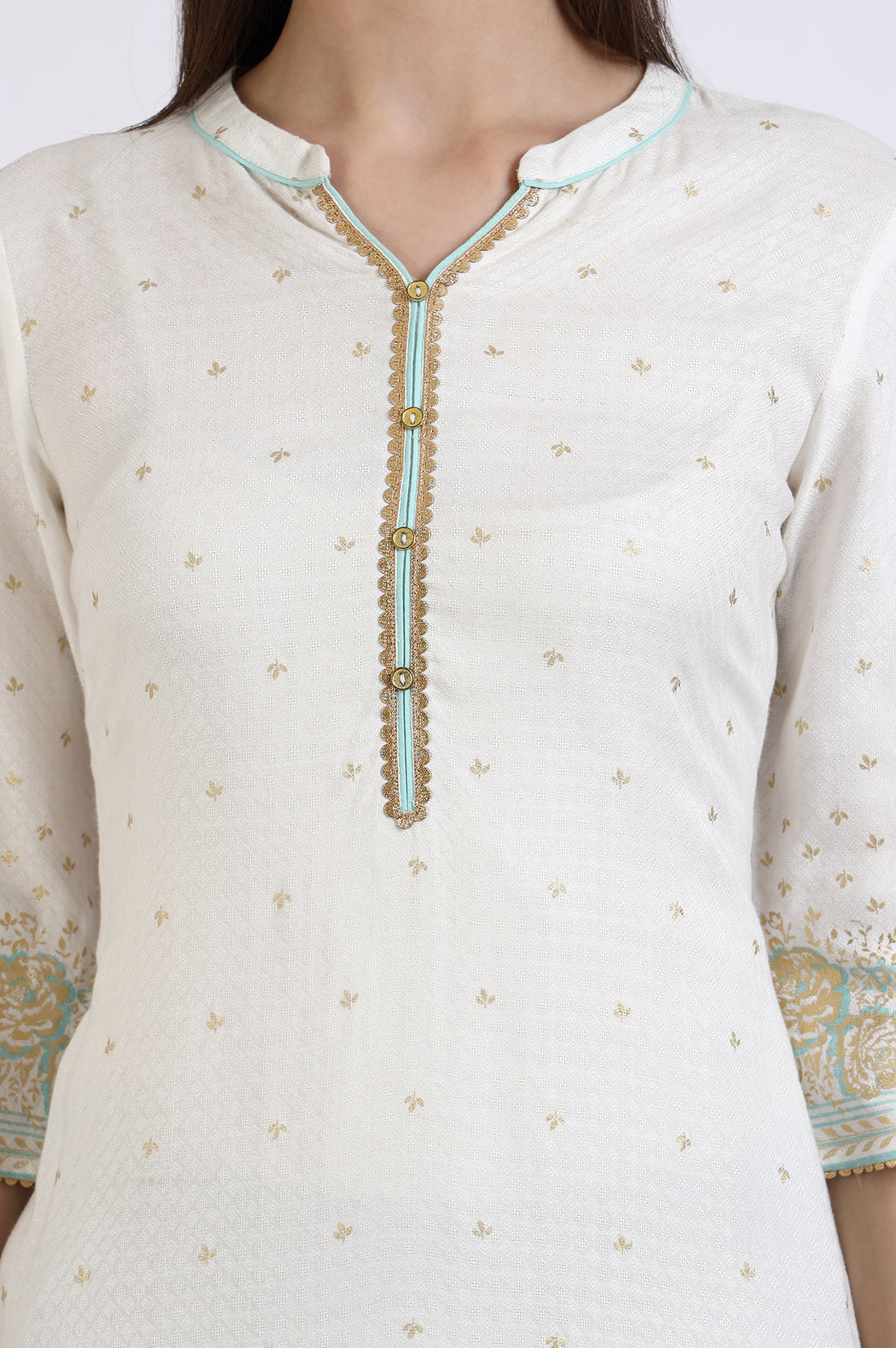 White Foil Printed Rayon Straight Kurta with Lace
